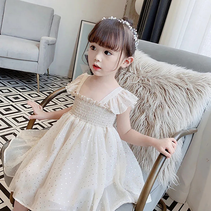 

2022 Summer New Casual Children's Clothing Sweet Cute Mesh Flying Sleeve Princess Dress Fashion Star Kids White Dresses