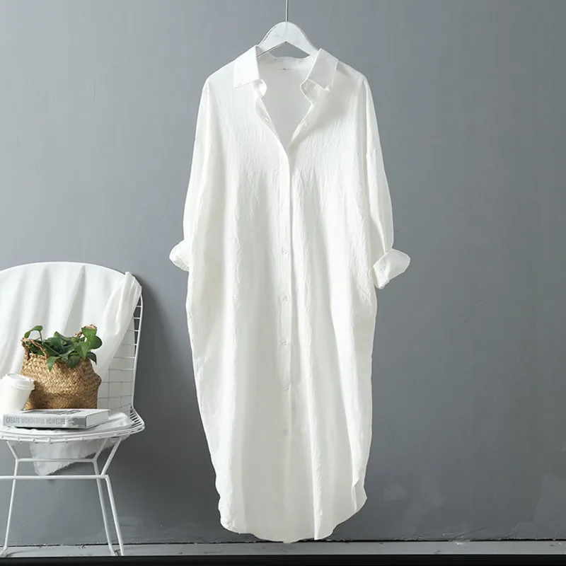 

Cotton Long White Dress Shirt Women Long Sleeve Maxi Robe Longue Elegant Blouse Loose Vestido Summer Beach Chic Femme Musulmane