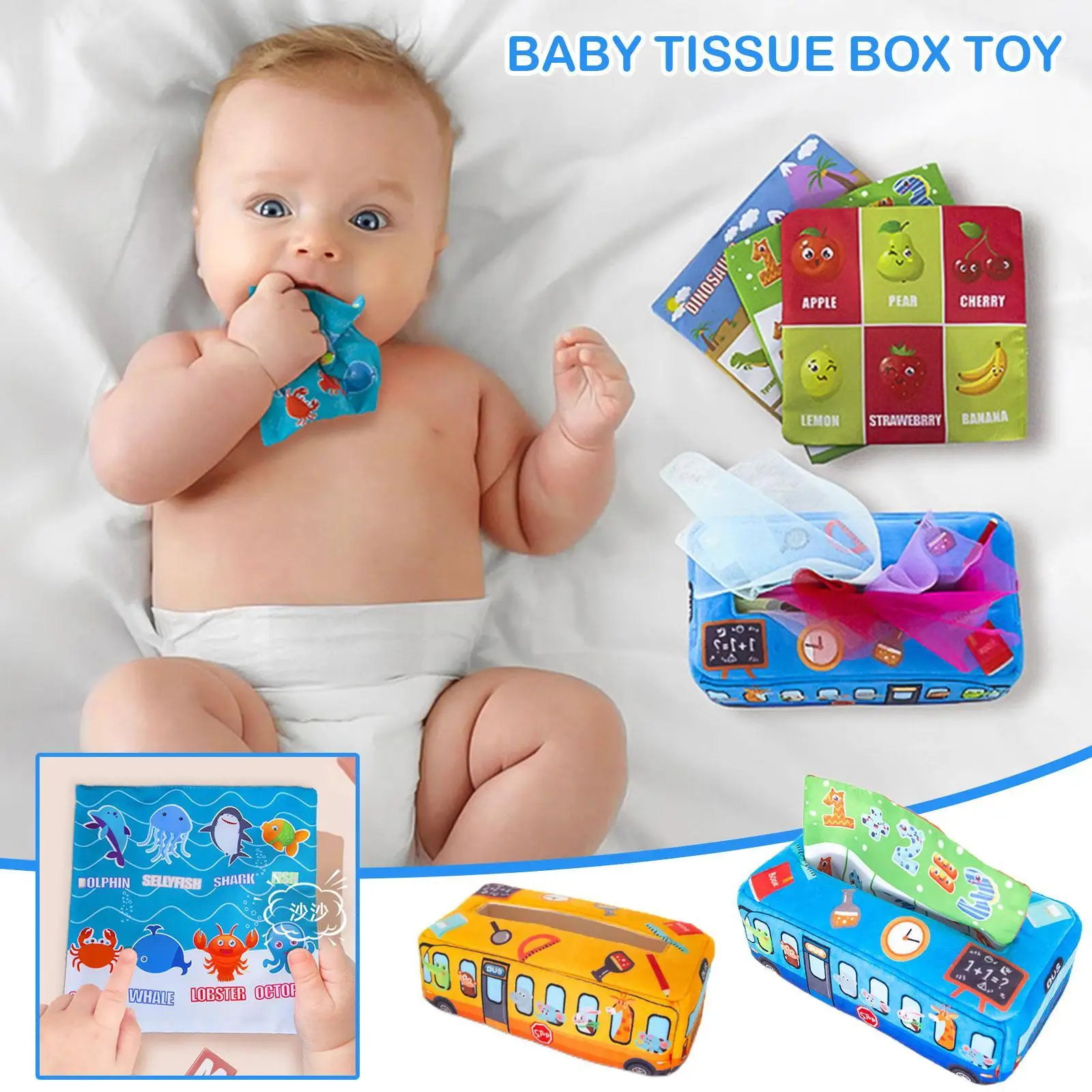 

Colorful Plush Baby Tissue Box For Babies 6-12 Months Infant Toddlers Learning Preschool Sensory Toy