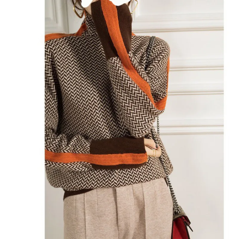 

Женский свитер с контрастными цветными рукавами и высоким воротником, водолазка, джемпер на весну и зиму