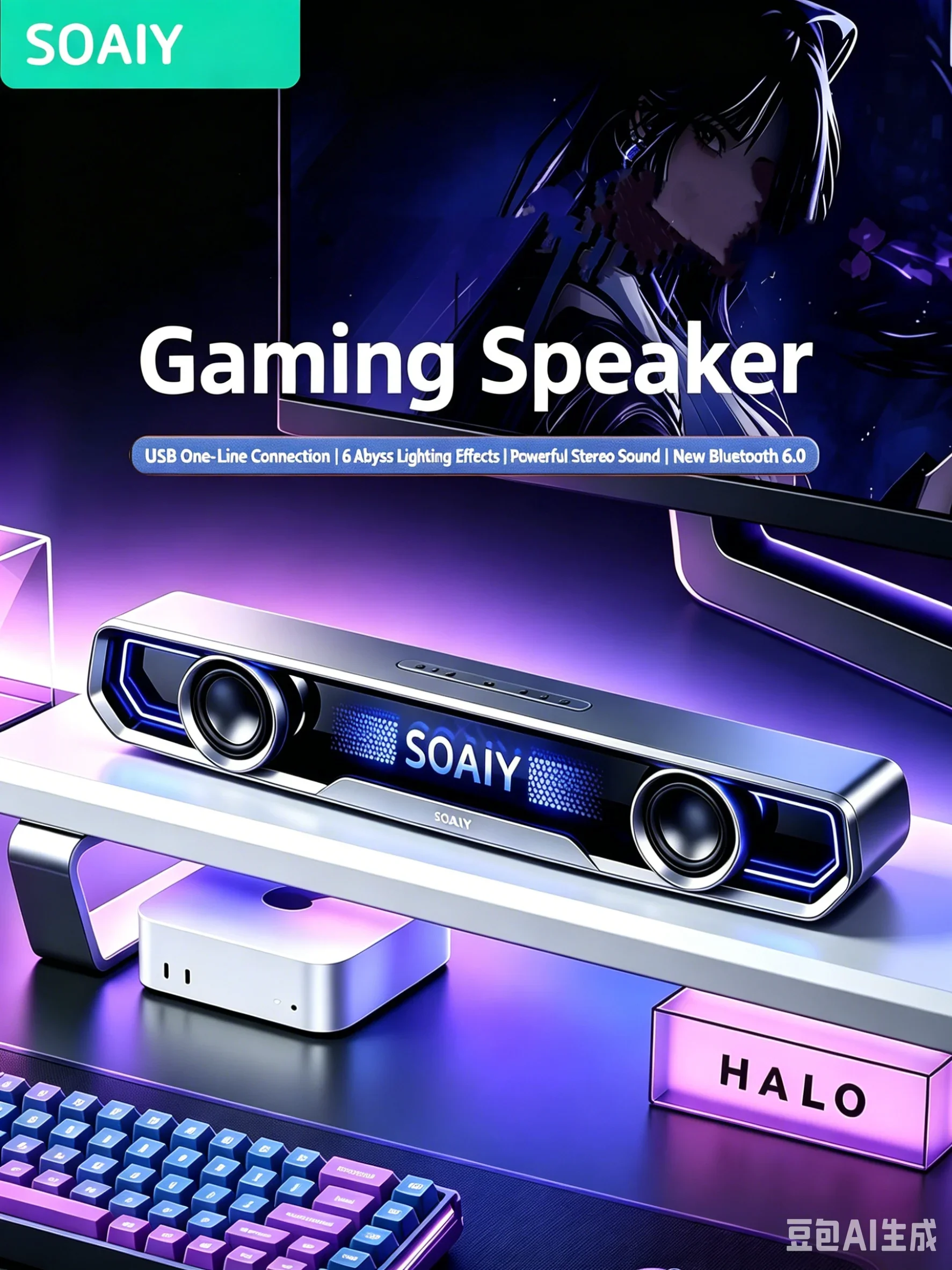 Фото Настольные колонки для ноутбуков SOAIY SES818, проводная и Bluetooth-модель, RGB-подсветка, объемный стереозвук с басами, аудиоустройство Plug and Play №3