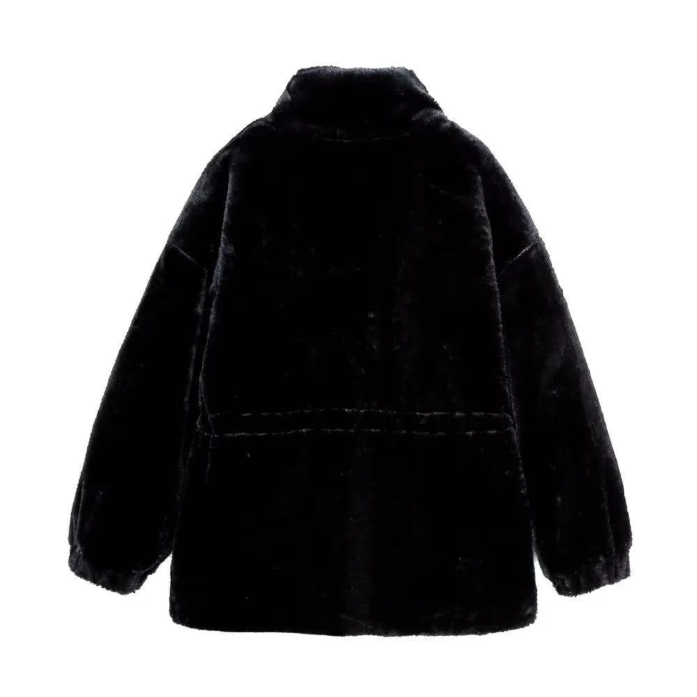 KEYANKETIAN Women's faux Fur Effect Coat Retro style new winter drawstring waist half high neck short zipper Mujer jacket