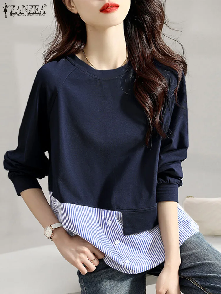 

Блузка ZANZEA Женская с длинным рукавом, стильный осенний Полосатый пуловер в стиле пэчворк, Повседневная Свободная рабочая рубашка с круглым ...