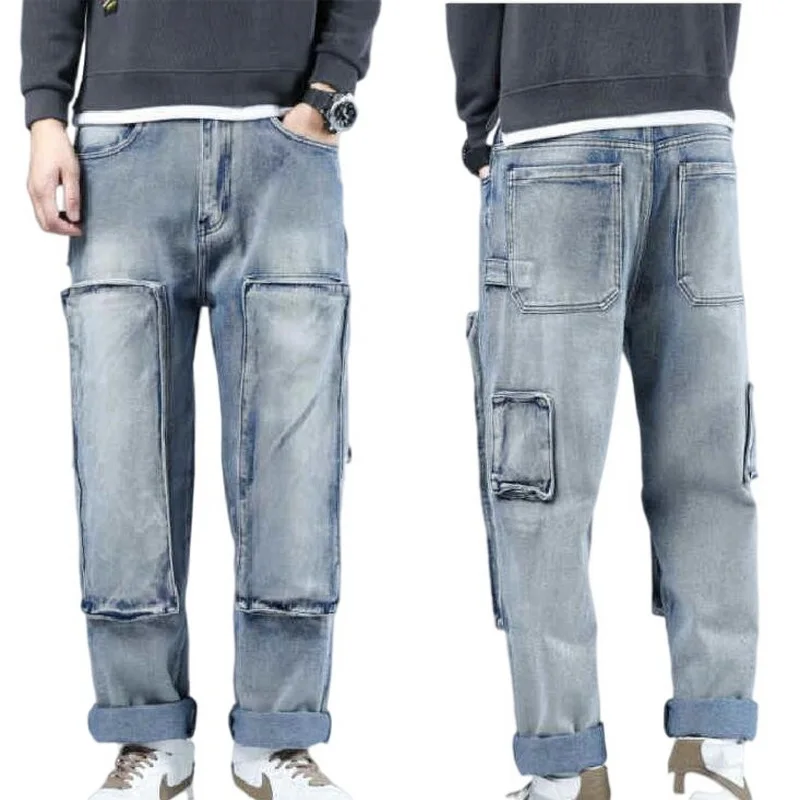 Men Skateboard Jeans Hip-Hop Jeans Loose Denim Pants Men Jeans Large Patch Pockets Denim Pants Size 28-46