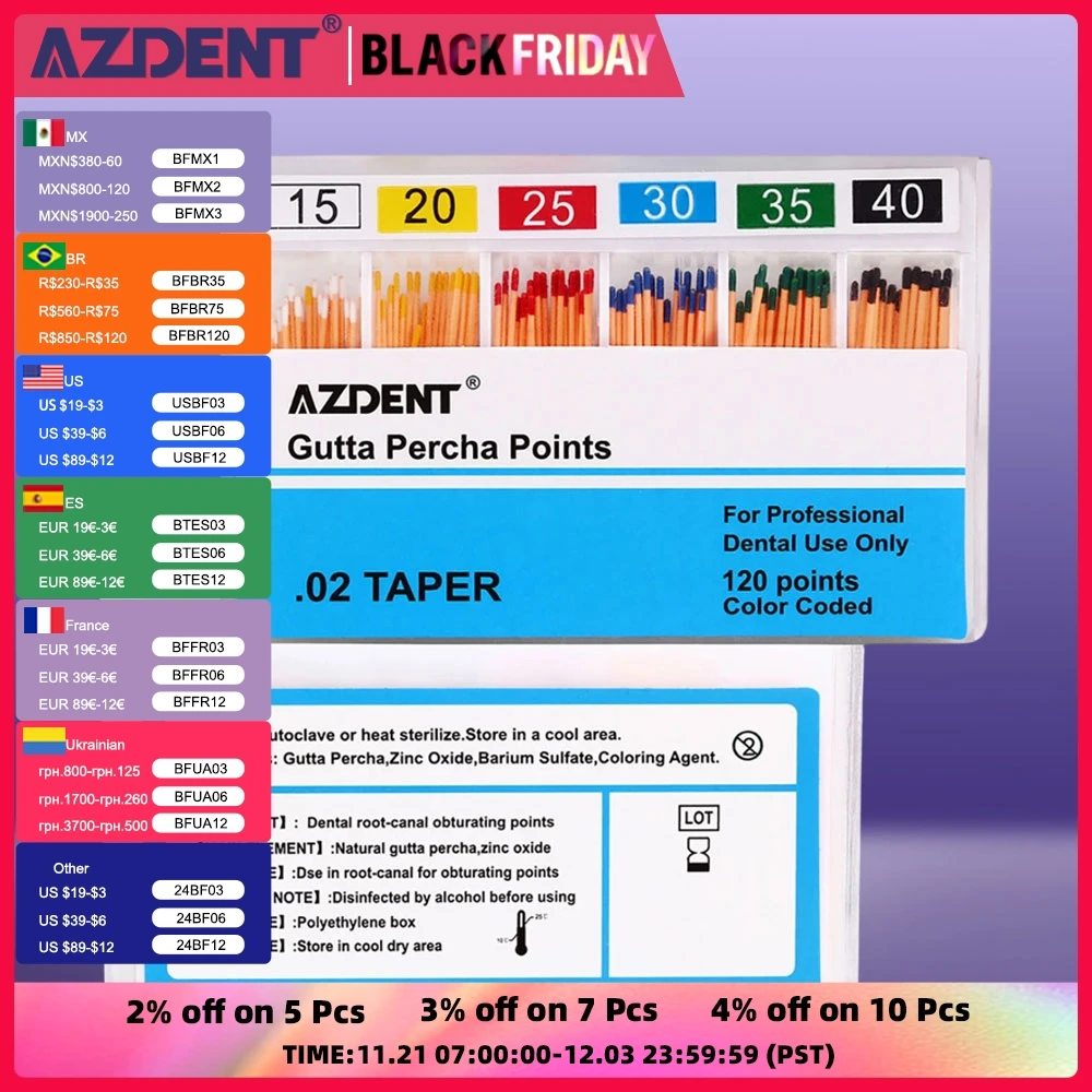 120 шт./кор. стоматологические точки гуттаперча AZDENT Gapadent конус 0 02 размер 15 # /20 /25 /30