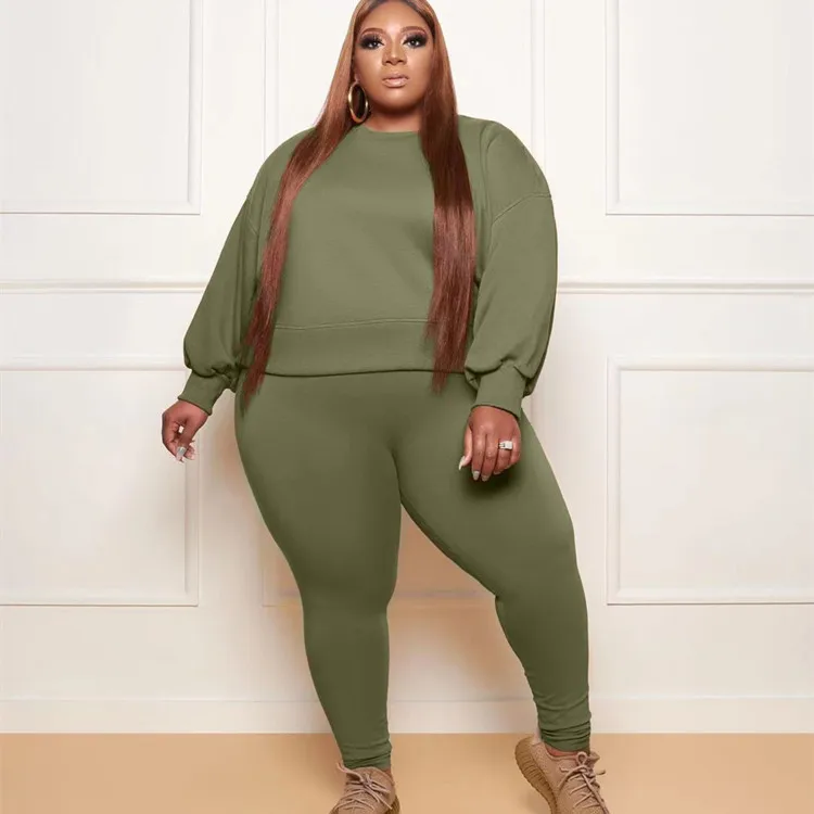 Plus Size Matching Sets Solid Long Sleeve O-Neck  Two Piece Sets Womens Outifits  Set of Women's Clothing 2 Pieces Office Lady