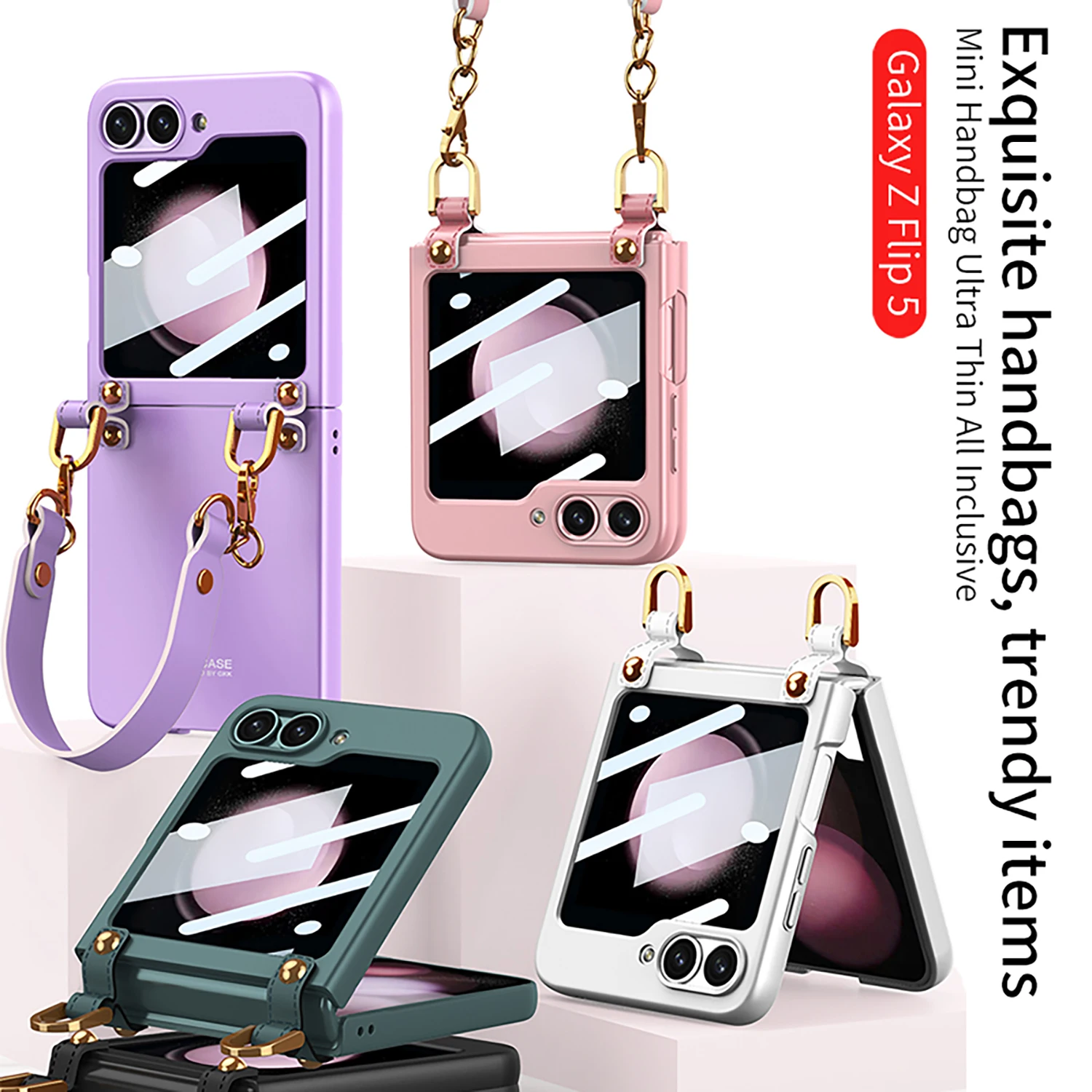 

Ultra-thin handbag for Samsung Galaxy Z Flip 5 phone case anti-drop folding model light luxury high-grade lanyard phone case