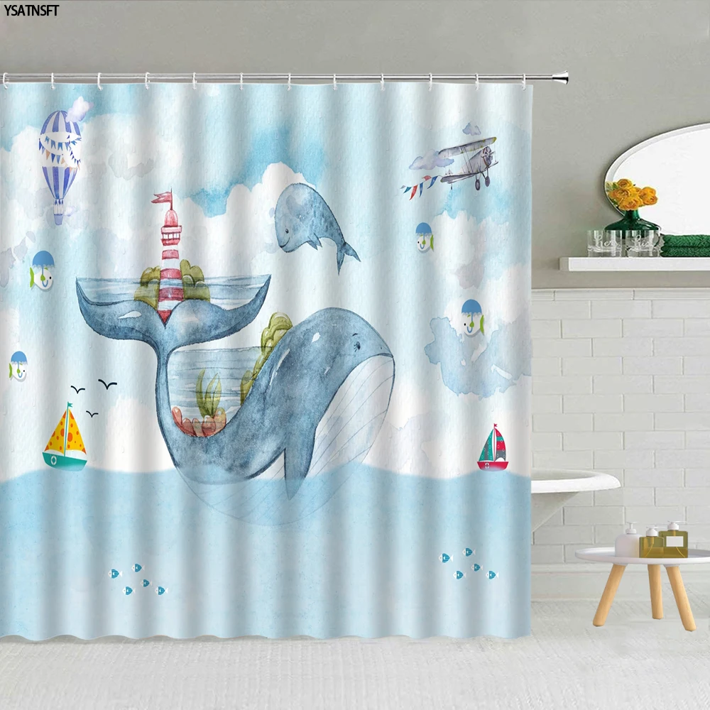 

Ocean Animal Whale Shower Curtain Auspicious Cloud Lighthouse Dolphin Pattern Bathroom Curtains Fabric Bath Screen Decor
