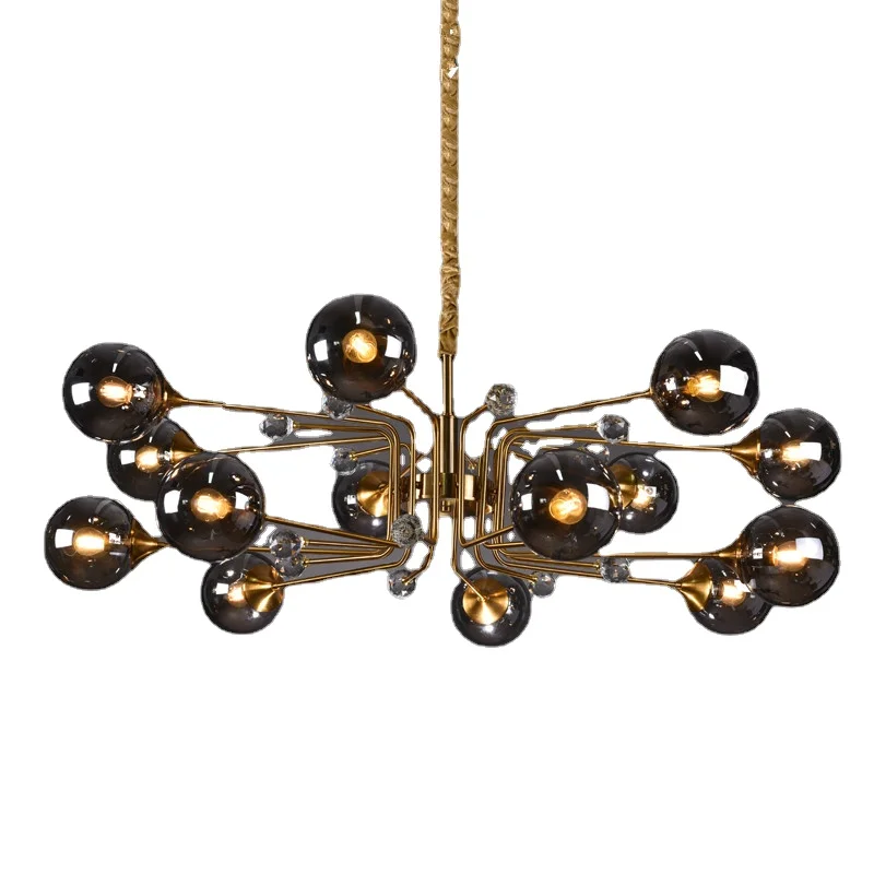 

Modern Luxury Crystal LED Chandelier Nordic Smoke Gray Glass Ball Golden Hanging Lights Living Bedroom Dining Room Pendant LamCD
