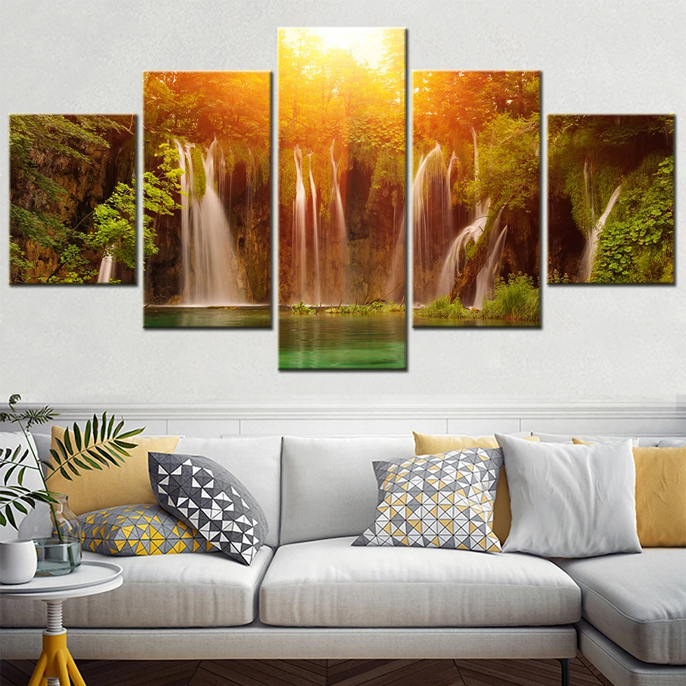 

5 Pieces Wall Art Canvas Painting Picture Modren Home Decor Poster Landscape Waterfall Sunlight Forest Picture Room Decoration