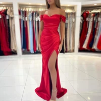 elegant satin beach prom dresses for woman off shoulder sweep train simple evening party sweetheart neck pleat zipper back 2022