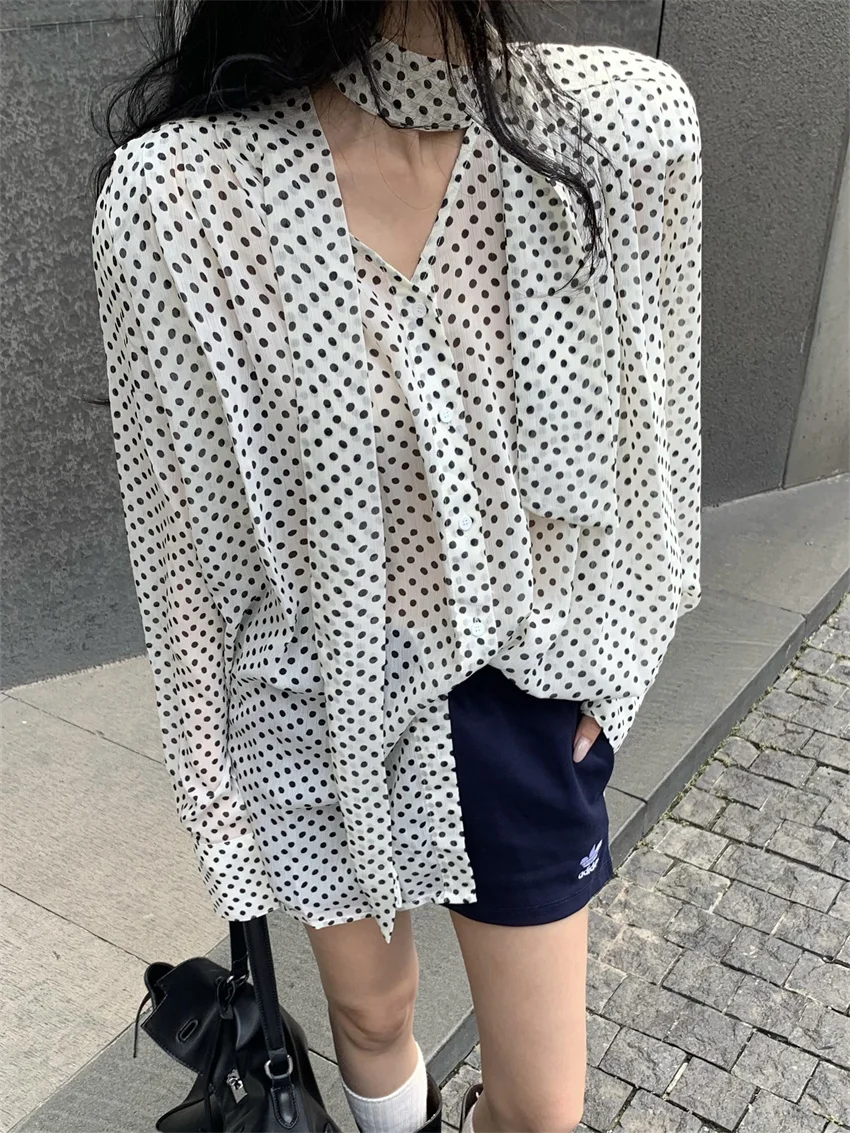 Рубашка Alien Kitty Женская в горошек классическая элегантная приталенная офисная