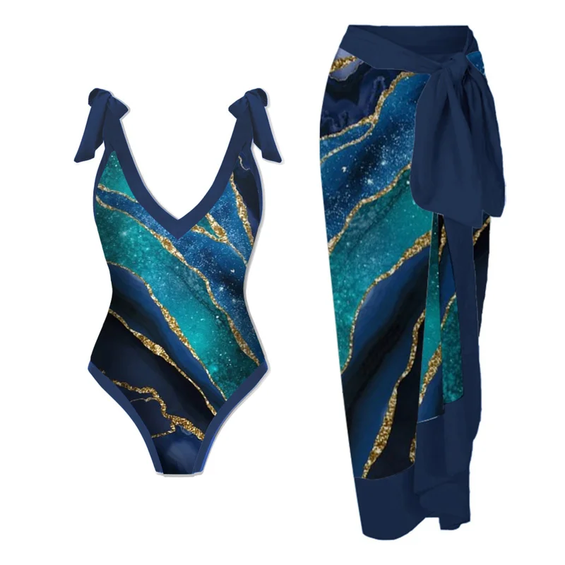 Floral Print Vintage Swimsuit with Skirt 2023 New Women V-Neck Swimwear Brazilian Holiday Designer Bathing Suit Beach Cover Up