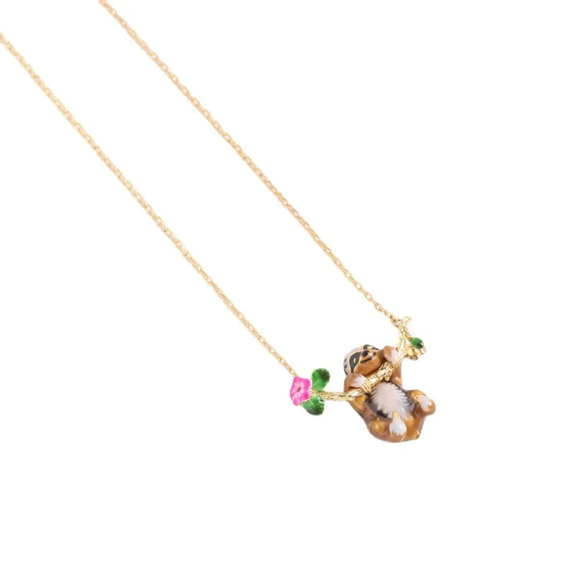 

European and American Jewelry Fashion Hand-painted Glaze Cute Playful Sloth Pink Flower Hand Holding Branch Fashion Necklace