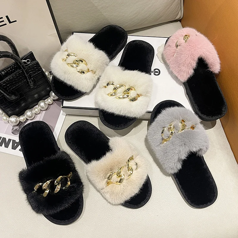 A Word Slippers 2022 New Female Fur Flat Bottom Slippers Hair Open Cotton Slippers Fur Slippers Versatile Slippers Warm Slippers