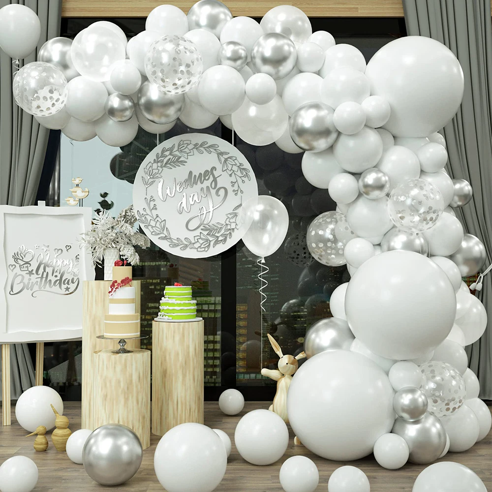 

Набор белых серебряных воздушных шаров, 100 шт., Свадебный декор, гирлянда, фотообои с клеевыми точками, Полоска, конфетти, блестящий воздушный шар, аксессуары