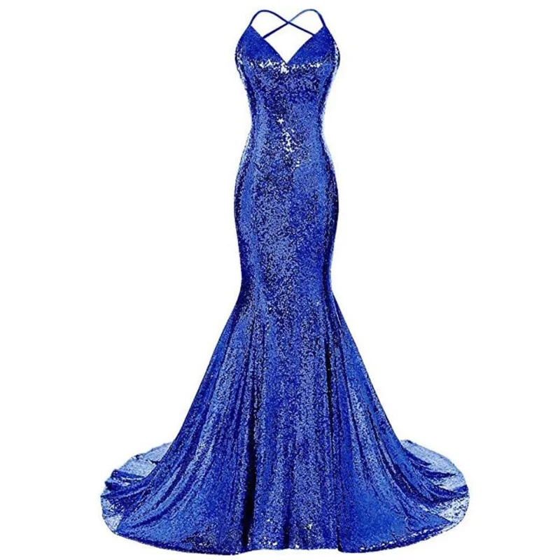 Женское вечернее платье-русалка синее платье с блестками V-образным вырезом