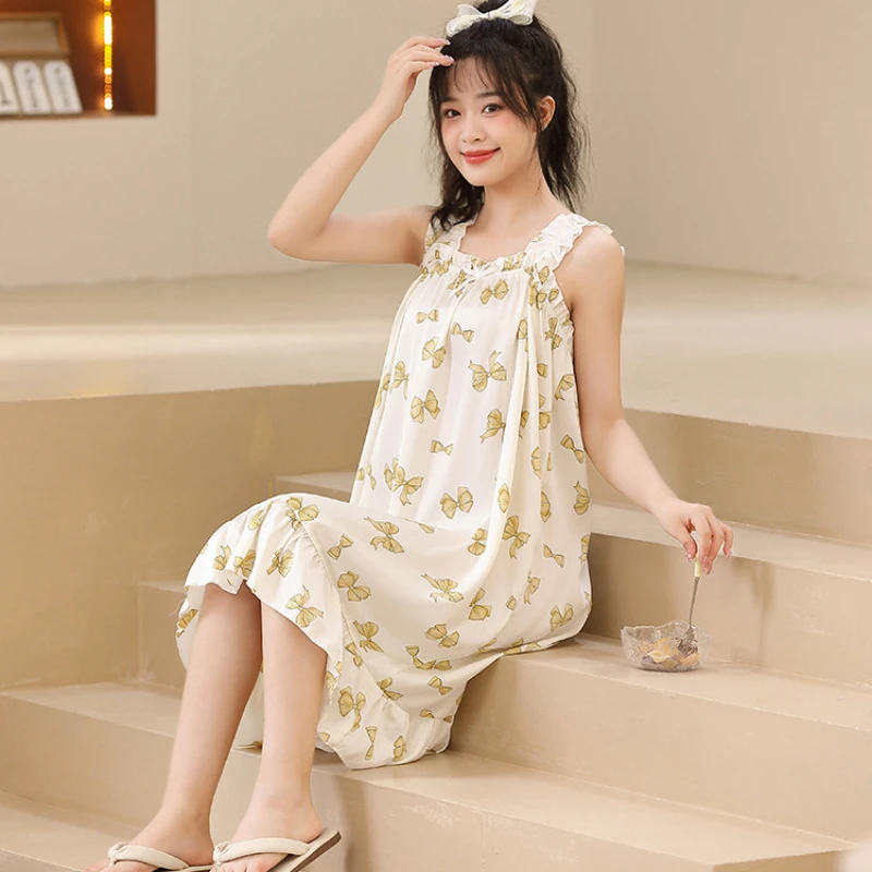 2023 New Pajamas for Women's Students Summer Ice Silk Nightgowns Cute Style Breathable and Casual Sleepwear Can Be Worn Outside