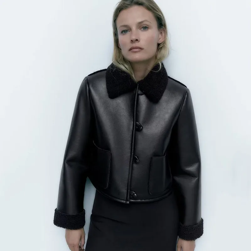 Casual Streetwear Faux Fur Splicing Black Leather Jacket Thick Warm Winter Office Ladies Coat Women New In Outwears Crop Tops