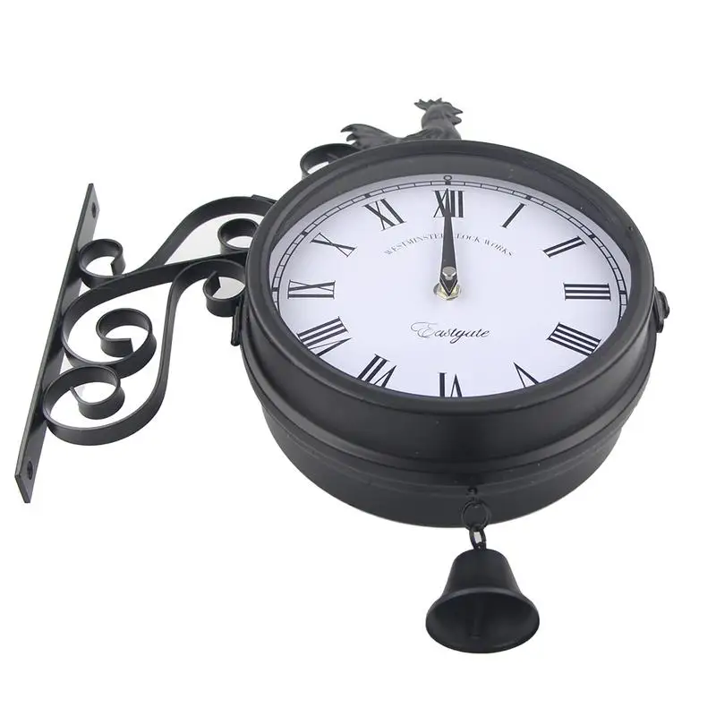 

Outdoor Wrought Iron Double Sided Round Wall Mount Station Clock Garden Retro Home Decor Metal Frame Glass Dial Cover Bell Shape