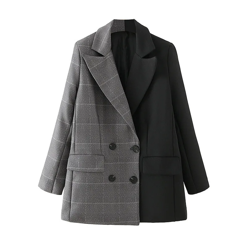 

MAJE AROYO Women Fashion Double Breasted Patchwork Blazer Coat Vintage Long Sleeve Pockets Female Outerwear Chic Tops