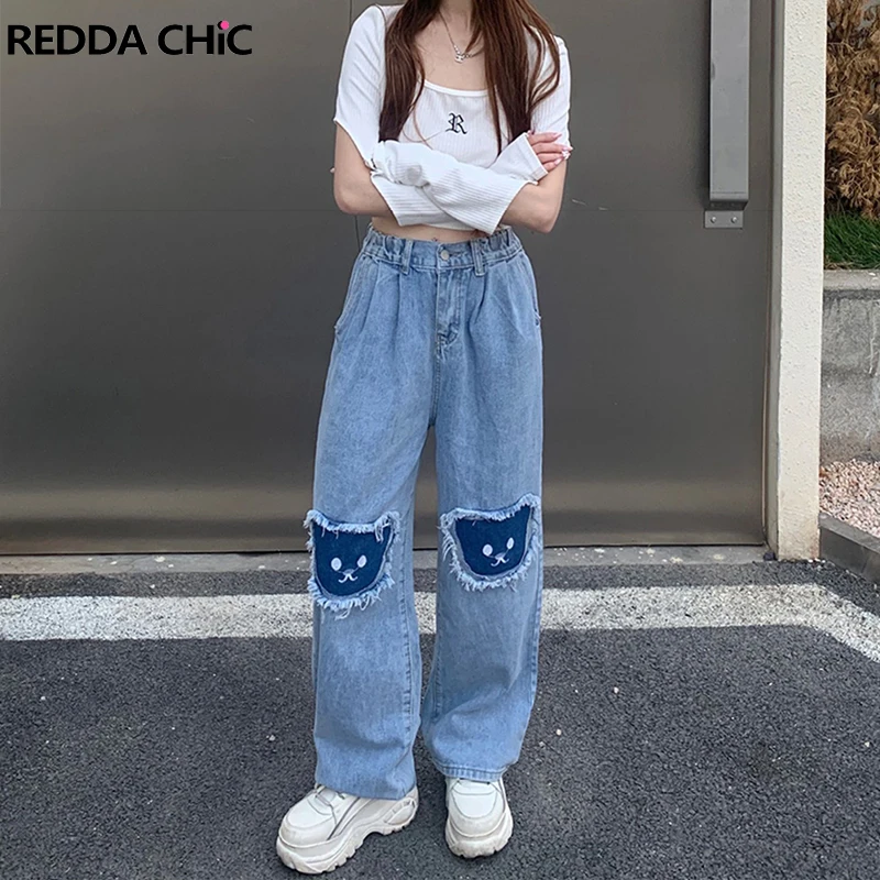 

Джинсы женские Мешковатые составного кроя с медведем REDDACHiC Y2k, милая уличная одежда в Корейском стиле, прямые широкие брюки с высокой талией, женские брюки