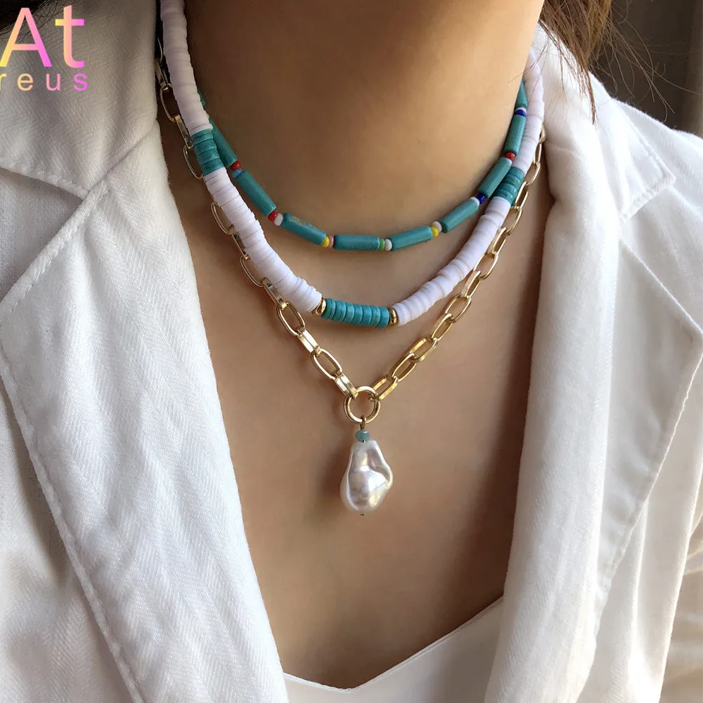 

1-3layer White Blue Turquoise Color Soft Clay Necklace Boho Summer Polymer Clay Beaded Necklace for Women Baroque Pearl Pendant