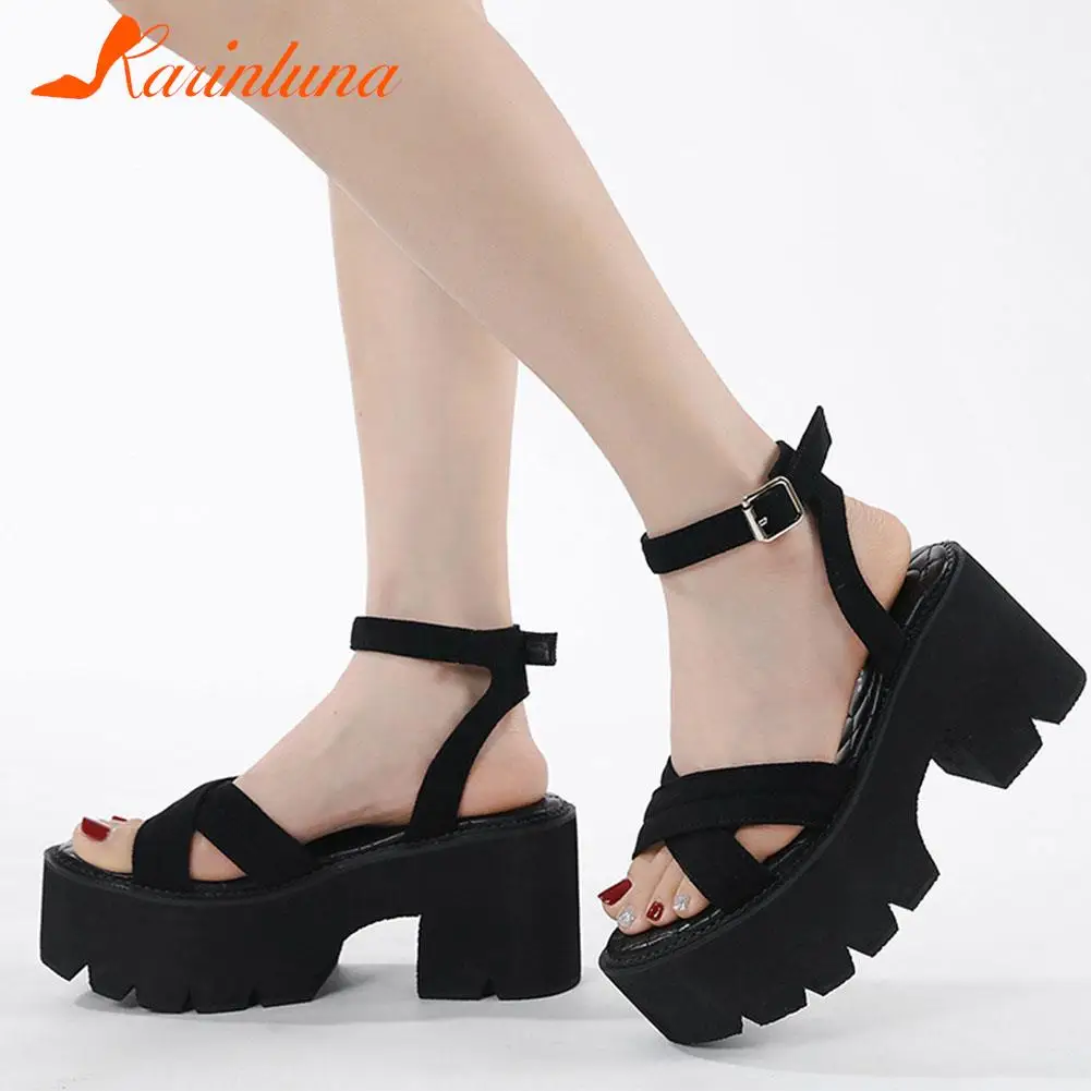 Super Thick Heels Platform Sandals For Women 2023 European Style Ankle Buckle Sandals  Comfy Walking Lady Sandals Summer