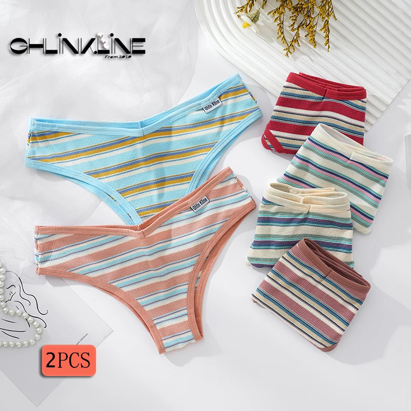 Women Cotton Striped Panties Colorful Briefs Ladies Underwear Soft Underpants Women's Panty Breathable Intimates 2Pcs/Set