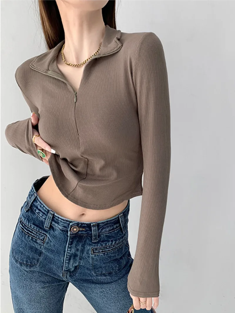 WOMENGAGA American Slim Solid Half Zip Collar Long Sleeve Basics Shirt Women High Waist Curved Hem T-shirt Fashion Tees 85GR