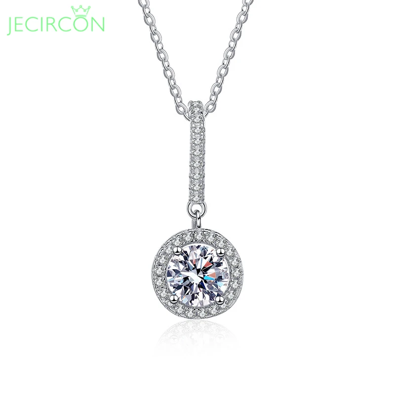 

JECIRCON 925 Sterling Silver Moissanite Necklace for Women 1 Carat Classic Round Pendant Full Diamonds Simple Neck Chain Jewelry