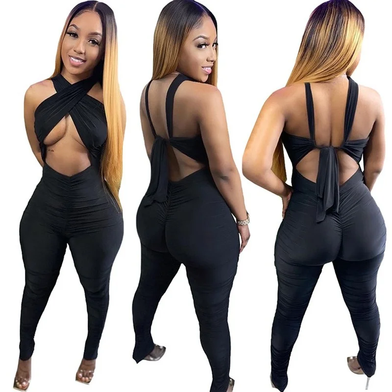 

Sexy Bra Strap Long Jumpsuit Women Bandage Backless Rompers Clubwear Stacked Pants Summer Party Wear 2021 Clothings Overalls