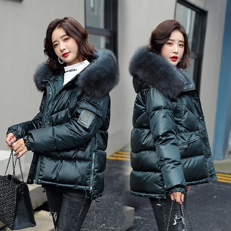 Mid-length fur collar hooded padded jacket women 2021 winter new  loose down padded jacket women's padded jacket winter wear