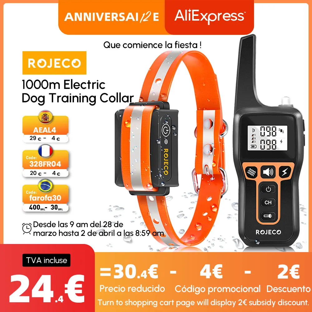 

ROJECO 1000m Electric Dog Training Collar Light Waterproof Rechargeable Pet Anti Bark Control Collar For Dogs Electric Shocker