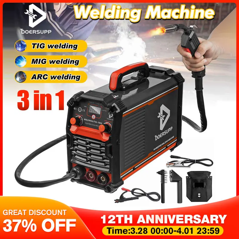 

DOERSUPP 5.7KVA Inverter ARC Welder 220V MIG TIG ARC/MMA Welding Machine 180 Amp 3 in 1 Mig Welder fit 0.8mm 1.0mm Flux Core
