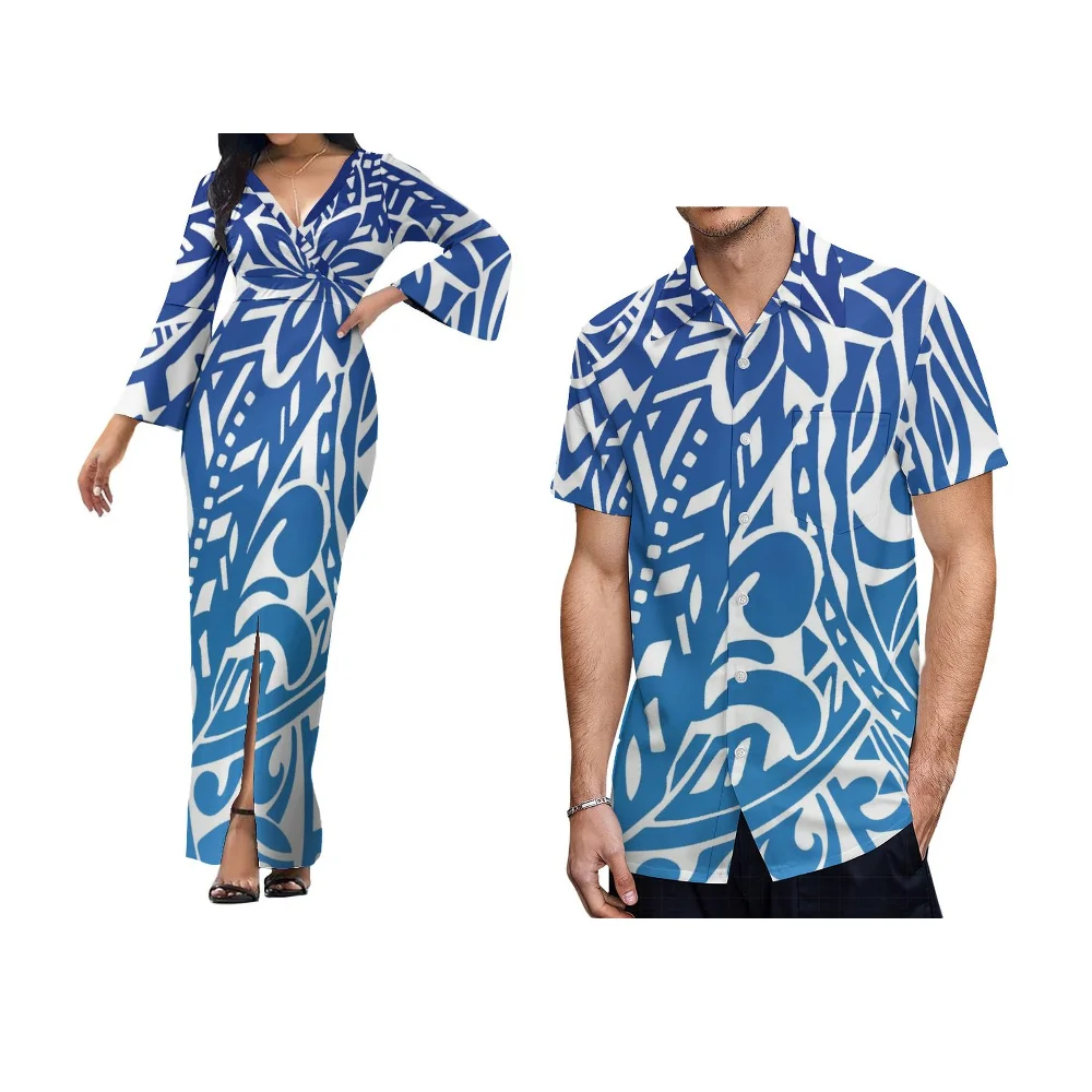 Pacific Islands Custom Clothing Couple Suit Polynesian Traditional Print Fashion Shirt Sexy V-Neck Tight Skirt Slit Design
