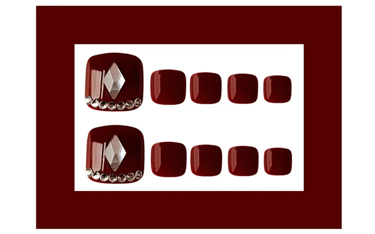 

Capsules Ongle 24pcs Rhinestones Inlaid Toenail Patch Red Wine Glue Type Removable Short Paragraph Manicure False Toenail Patch