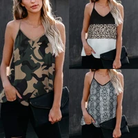 2021 summer women camouflage one shoulder tank casual v neck straight patchwork spaghetti straps plus size top high streetwear
