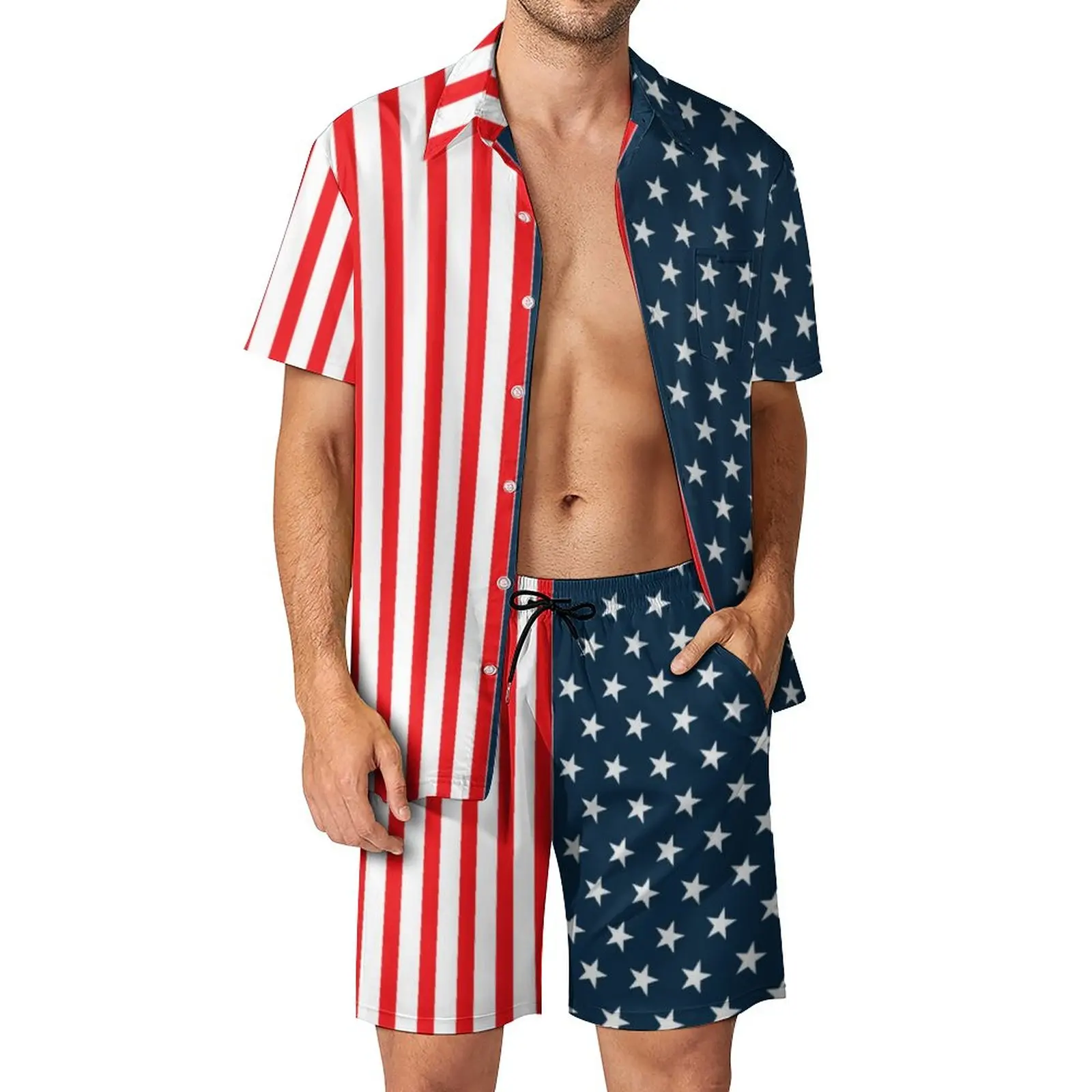 

American USA Flag Print Men Sets Stars And Stripes Casual Shorts Summer Aesthetic Vacation Shirt Set Short-Sleeve Big Size Suit