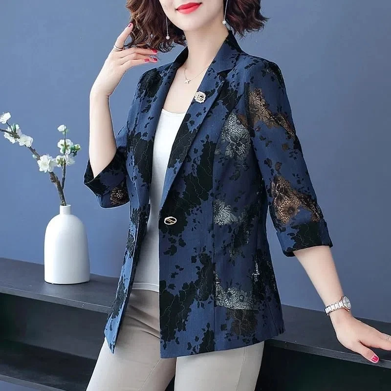 

Korean Lace Small Suit Jacket 2023 Spring Summer Women's Thin Blazer Middle-aged Mother New Elegant Blazers Female Tops 4XL