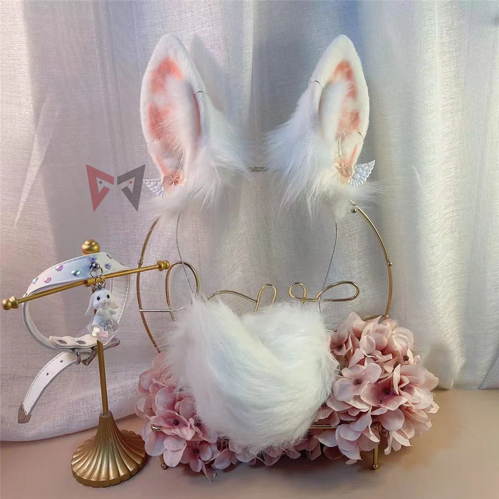 

MMGG Handmade Work White Bunny Rabbit Ears Hairhoop Tail Necklace Earrings Cosplay Lolita Acessories Headwear