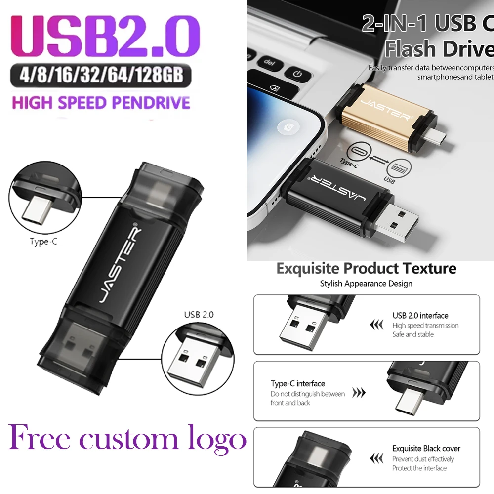 Фото USB-флешка Type-C пластиковая 128 ГБ с возможностью нанесения логотипа, флеш-накопитель 64 ГБ черного цвета, USB-накопитель 32 ГБ, креативный подарок, USB-флешка 16 ГБ с индивидуальным дизайном №1