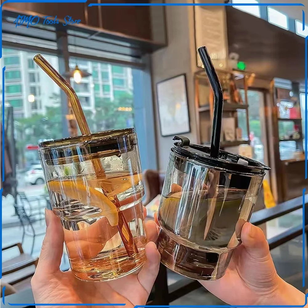 

European Glass High Temperature Resistant Straw Mug Retro Coffee Cup Ins Style Breakfast Milk Cup With Lid/With Leather Case