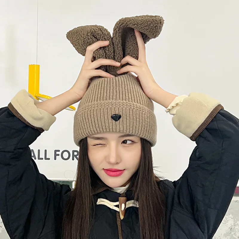 

New Rabbit Ears Cute Knitted Hat Women Korean Autumn Winter Plus Down Thickening Warm Protective Ear Hats Tide Skull Beanies Cap