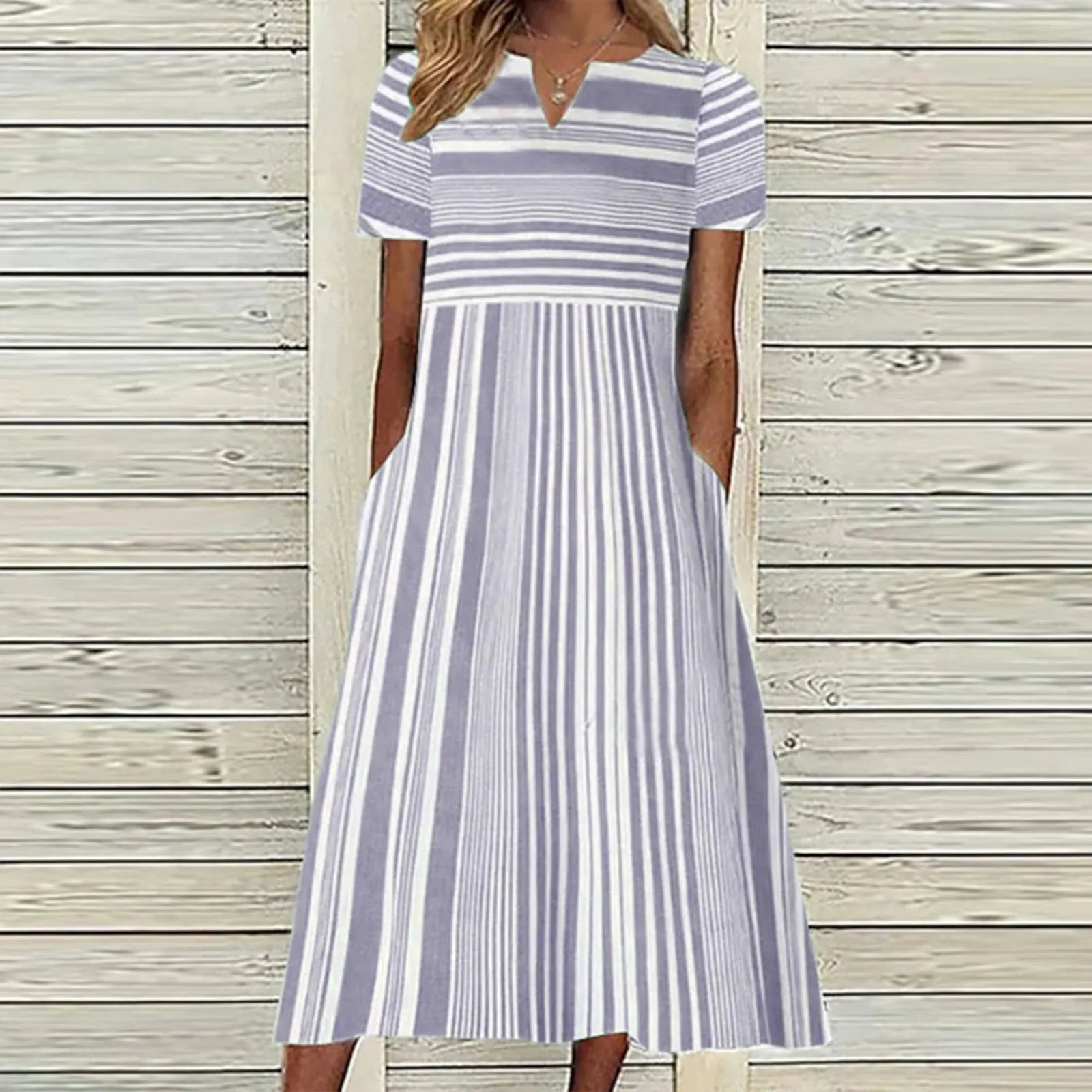 

Dress For Women Fashion Casual V Neck Short Sleeve Stripe Print Sling Dress With Packet Casual Long Maxi Dress
