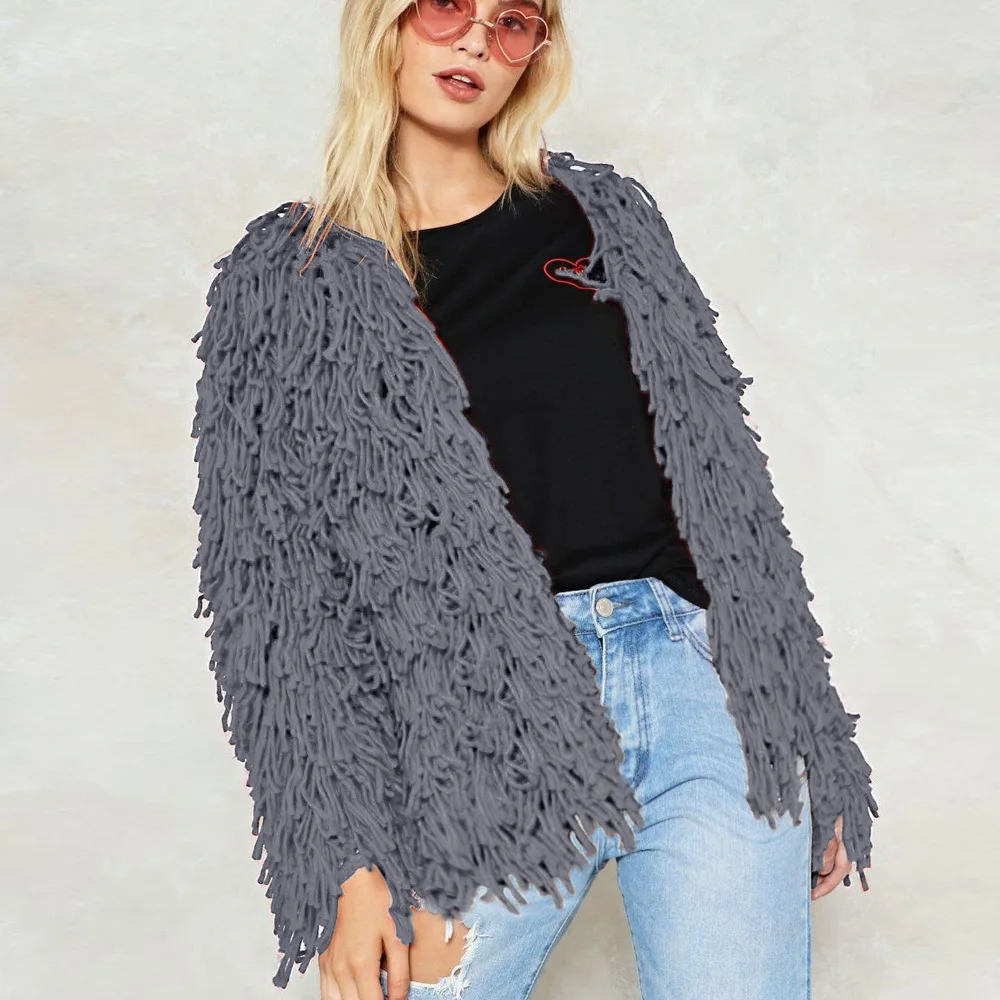 Women's Fur Jacket Autumn and Winter Women's Woven Wool Sweater Plush Coat Top Women's Faux Fur Coat