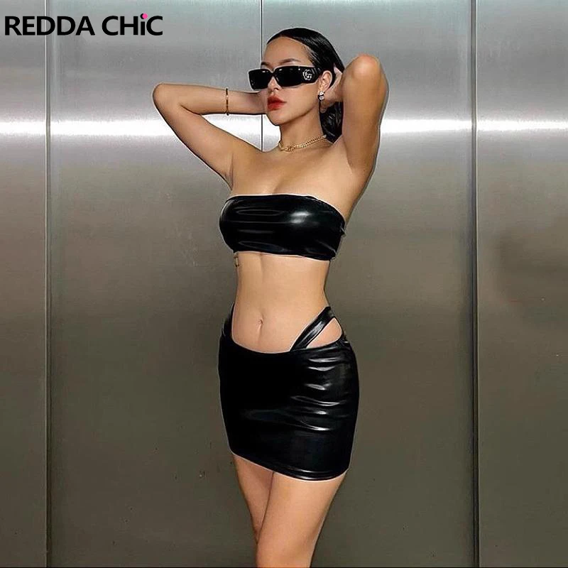 

REDDACHiC Two-piece Women Leather Skirt Set Black Dark Punk Low Rise Mini Skirt & Corset Crop Top Clubwear Music Festival Outfit