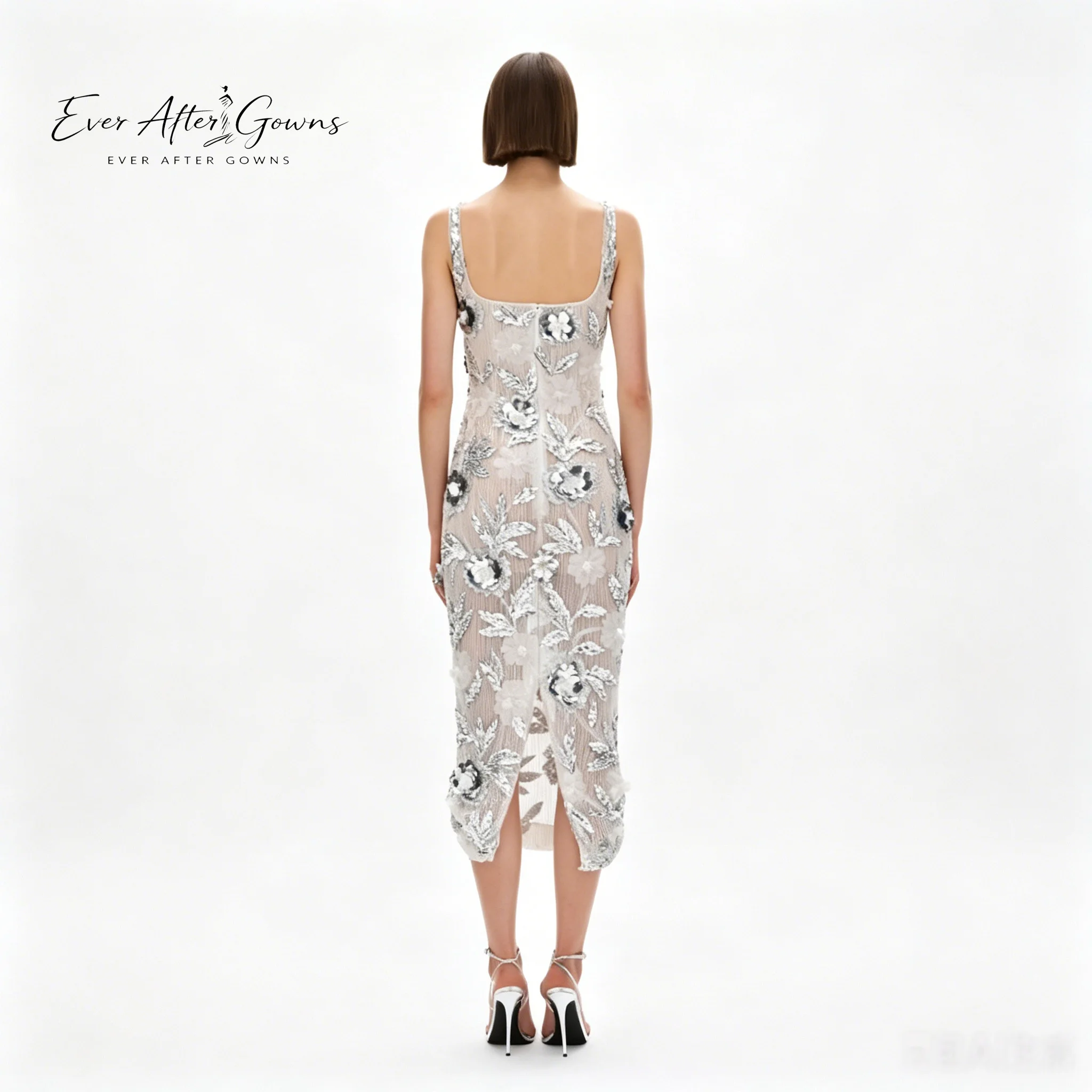 Фото Платье Ever After Gowns серебристое, с цветочным узором и бисером, миди, для женщин - коктейльное платье с квадратным вырезом, без рукавов, из прозрачной сетки, с пайетками №2