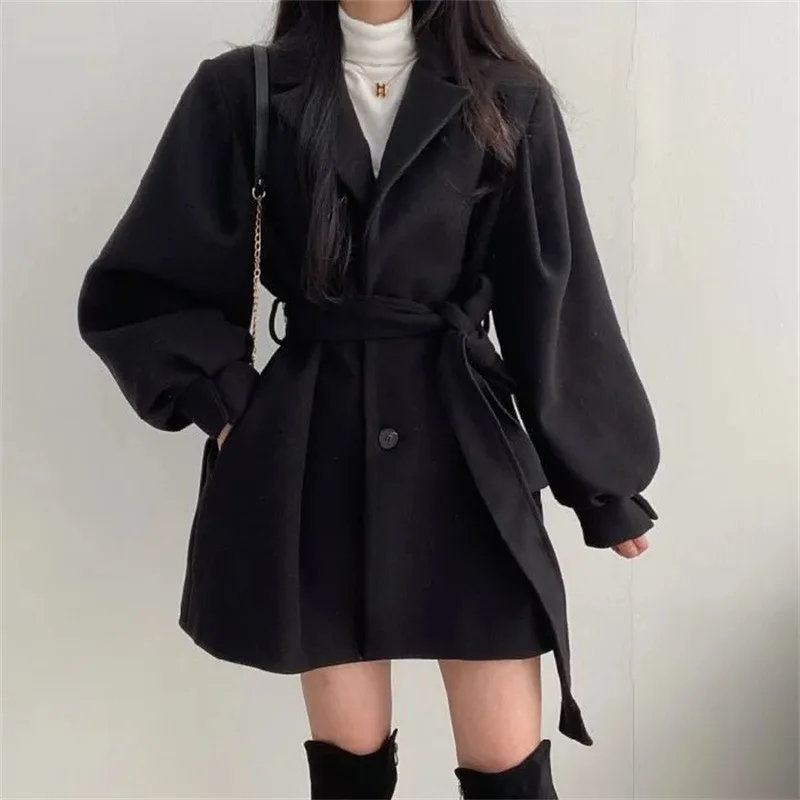 

Mid Length Blazer Collar Woolen Coat Niche Vintage Loose Fashion Overcoat Solid Trench Coats Women Belted Winter Jacket