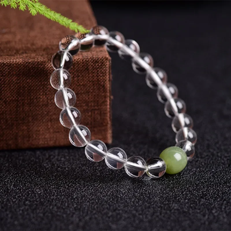 Браслет из натурального белого кристалла с одним кольцом нефрита